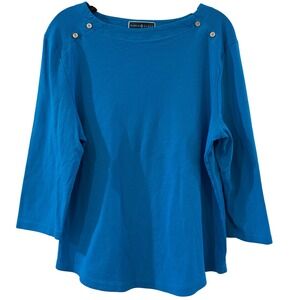 Karen Scott  XL Blue Boat Neck 3/4 Sleeve 100% Cotton Top Spring Colorful
